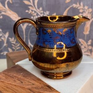 Antique 19th Century English Copper Luster Blue Floral Band Creamer Lot B